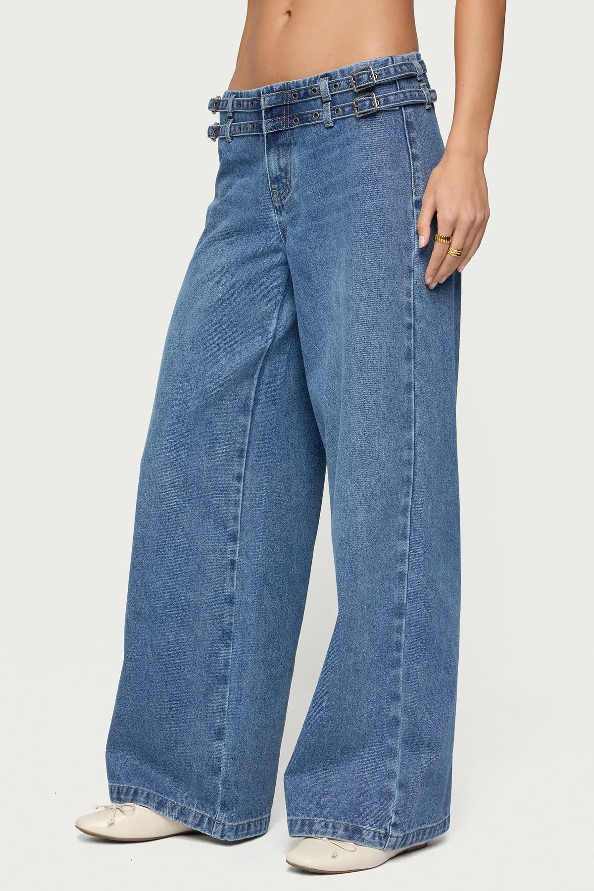 Livia Double Belt Low Rise Baggy Jeans sold by Edikted product image thumbnail 4