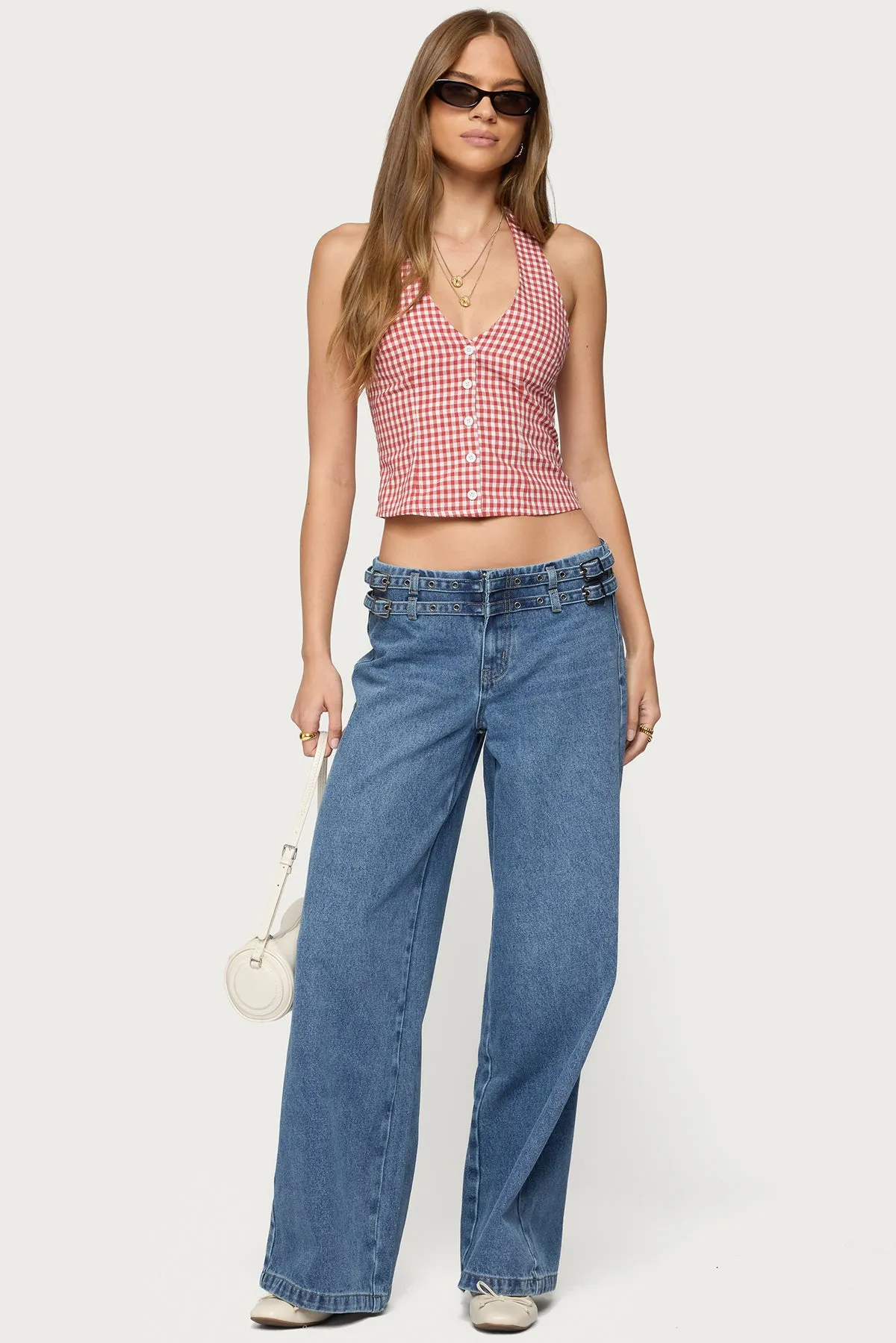Livia Double Belt Low Rise Baggy Jeans sold by Edikted