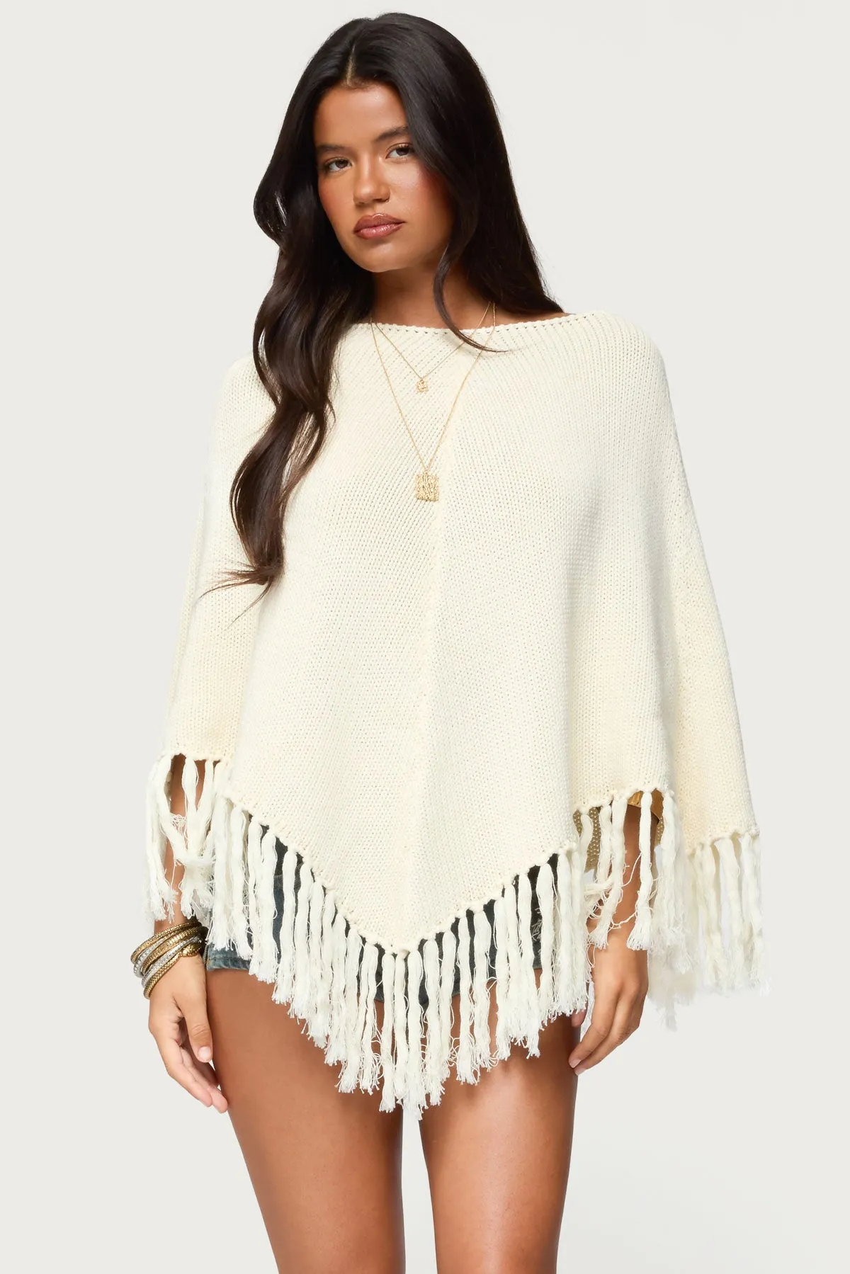 Kamila Fringe Knit Poncho sold by Edikted