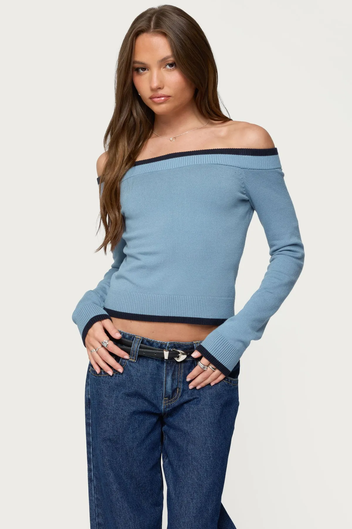 Kezzie Contrast Off Shoulder Knit Top sold by Edikted