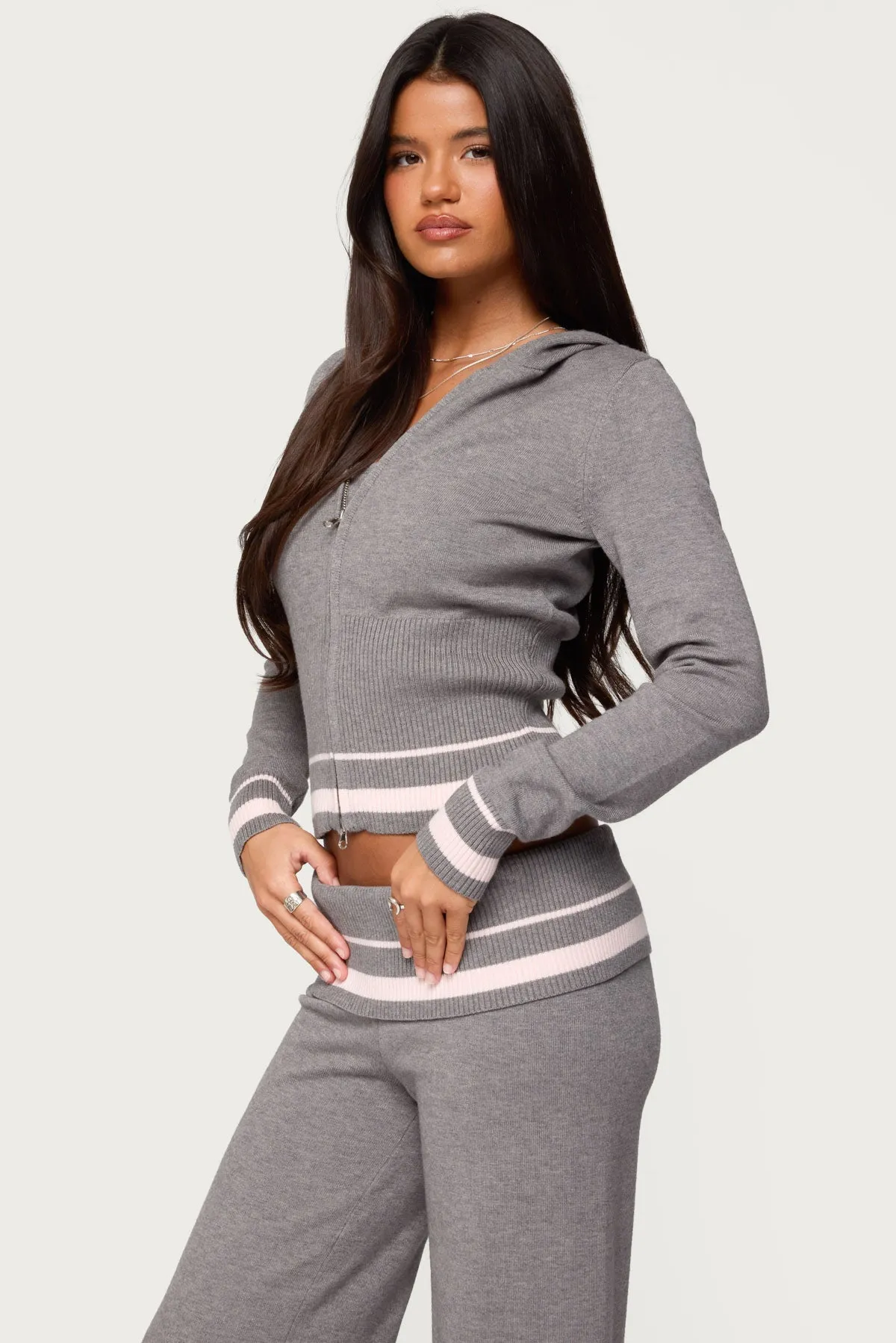 Kaliya Stripey Knit Zip Up Hoodie sold by Edikted product image thumbnail 3