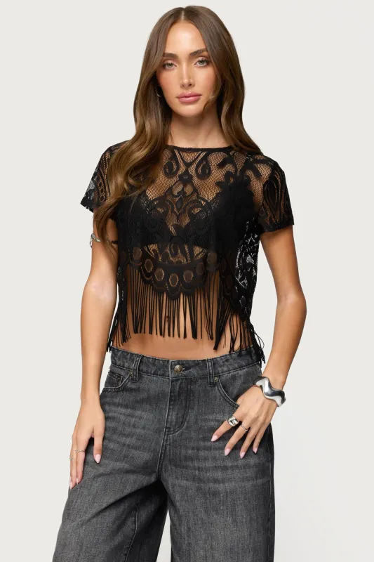 Kira Sheer Lace Fringe Top sold by Edikted