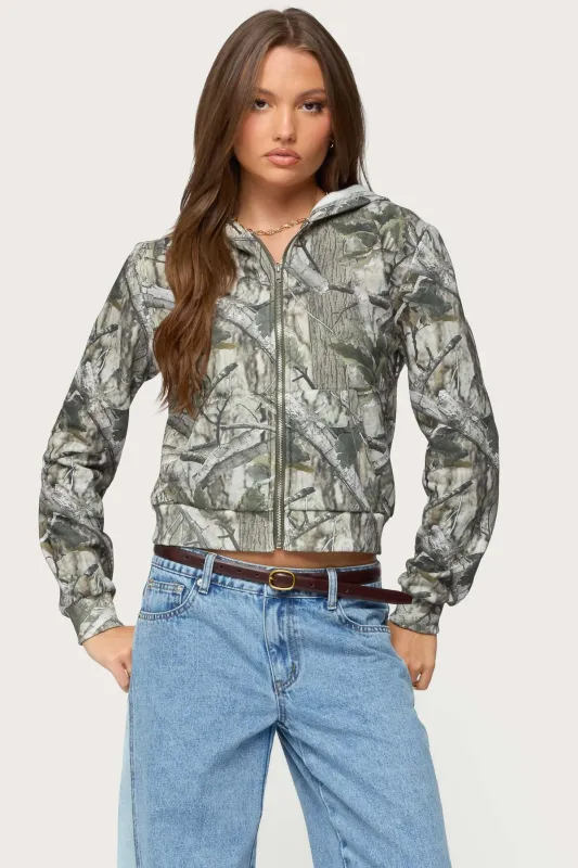 Tayler Camo Zip Up Hoodie sold by Edikted