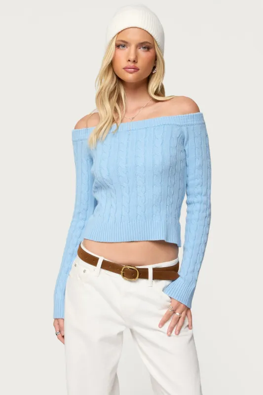 Taniza Off Shoulder Cable Knit Sweater sold by Edikted