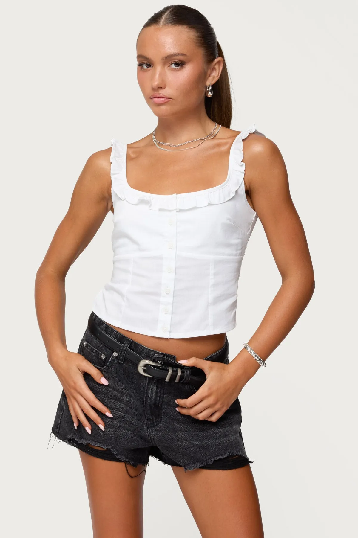 Noga Ruffle Woven Button Up Top sold by Edikted product image thumbnail 2