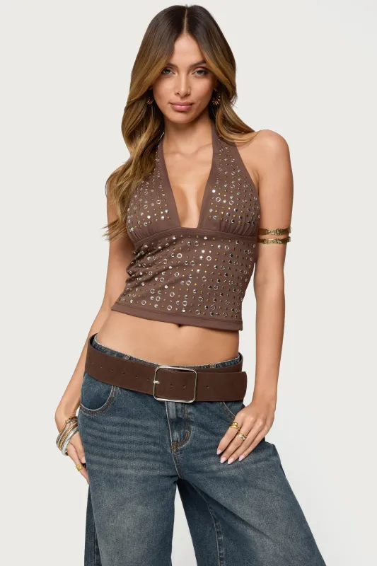 Jackie Stud & Grommet Halter Top sold by Edikted