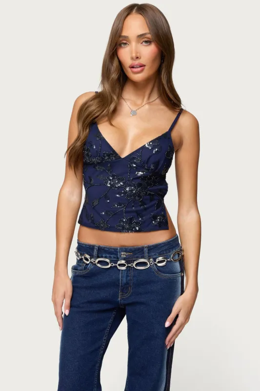 Pia Sequin Floral Backless Top sold by Edikted