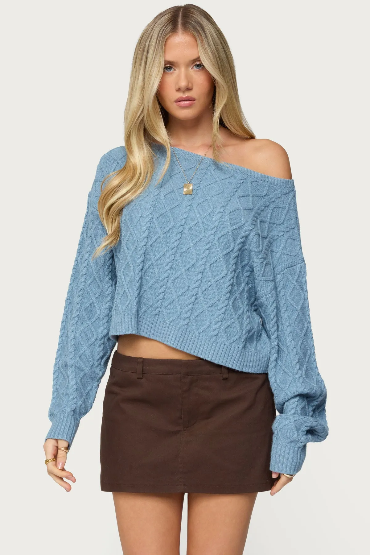 Oversized Off Shoulder Cable Knit Sweater sold by Edikted