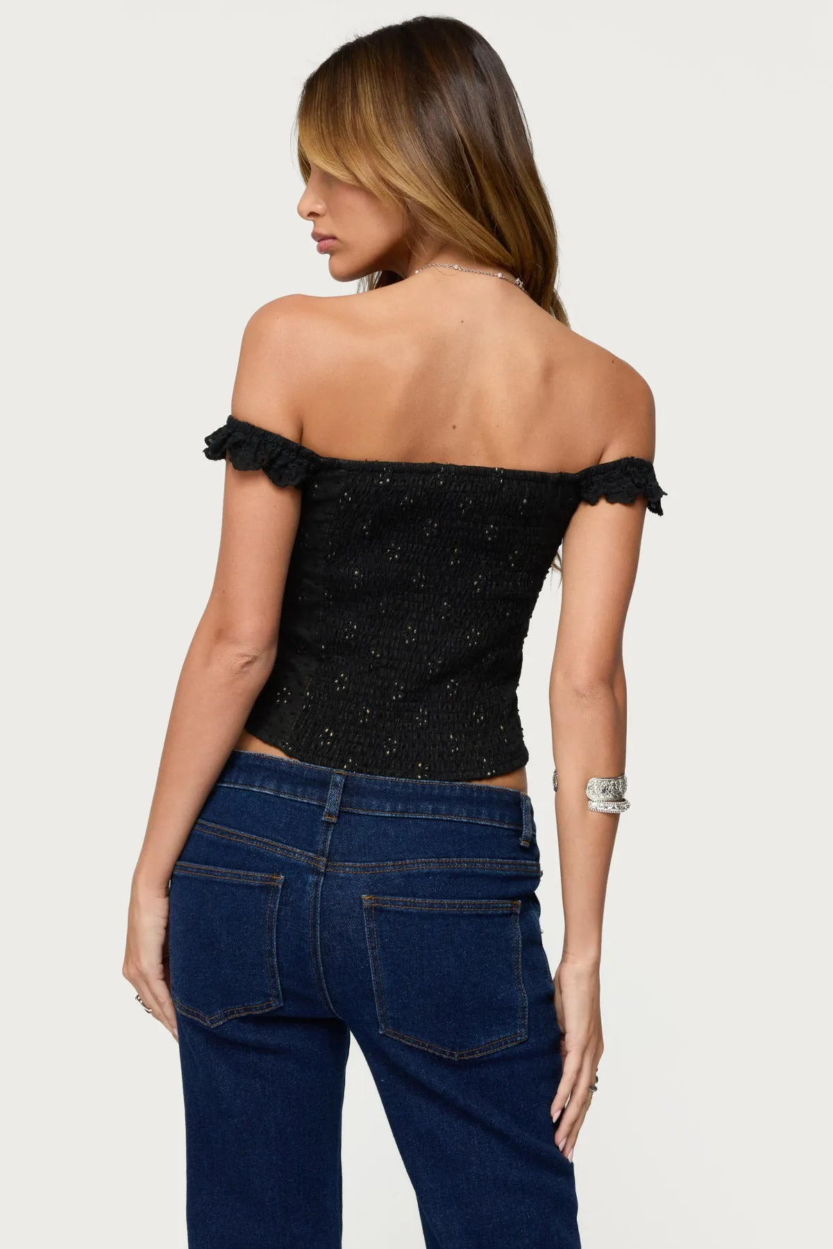 Jordana Ruffle Eyelet Off Shoulder Top sold by Edikted product image thumbnail 4