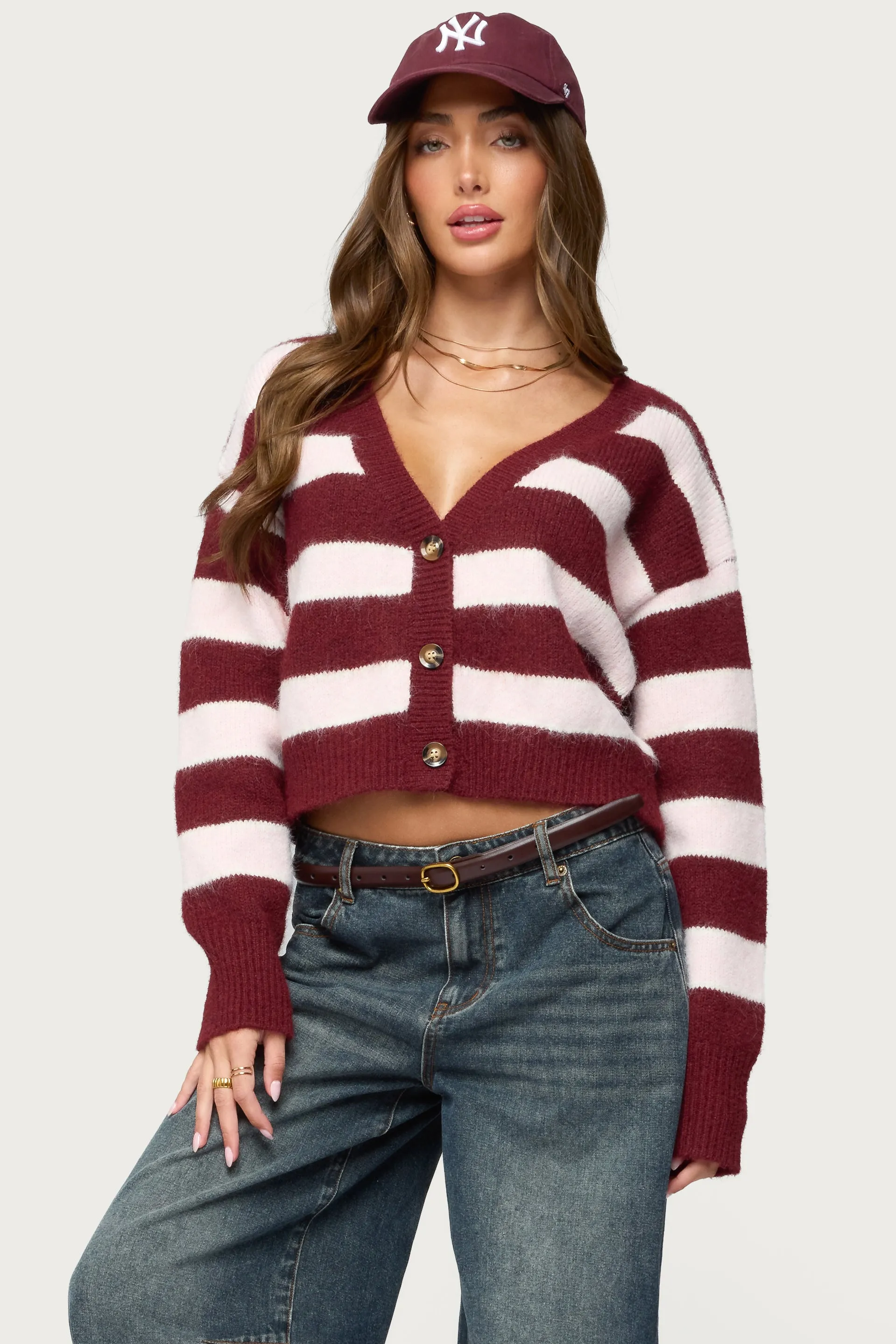Kaz Striped Knit V Neck Cardigan sold by Edikted