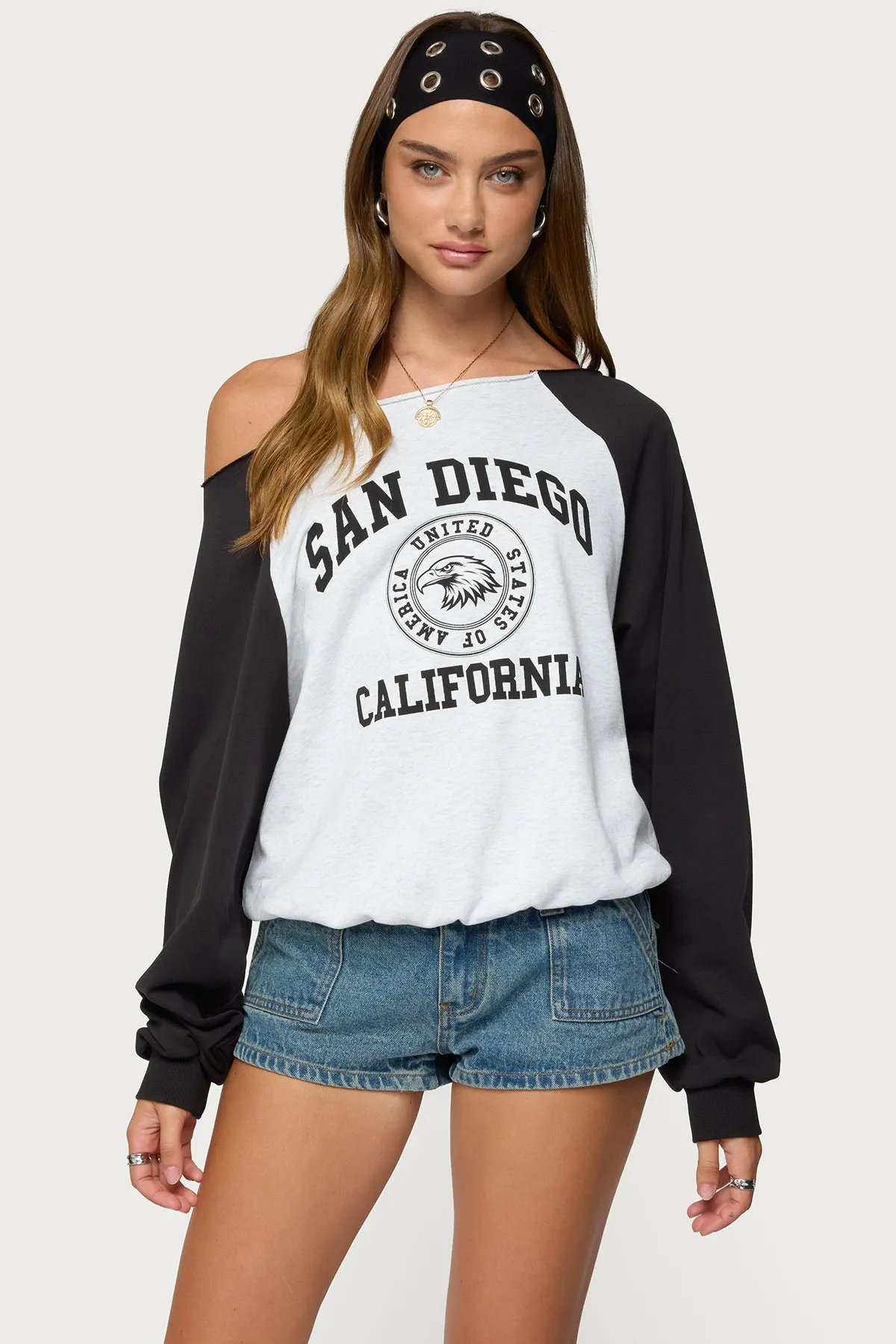 San Diego Off Shoulder Raglan Sweatshirt sold by Edikted