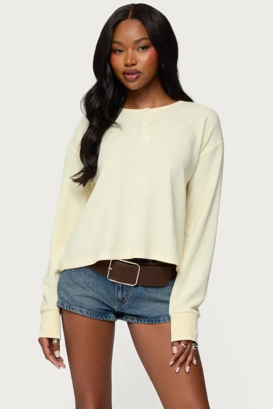 Deni Long Sleeve Henley Waffle Top sold by Edikted