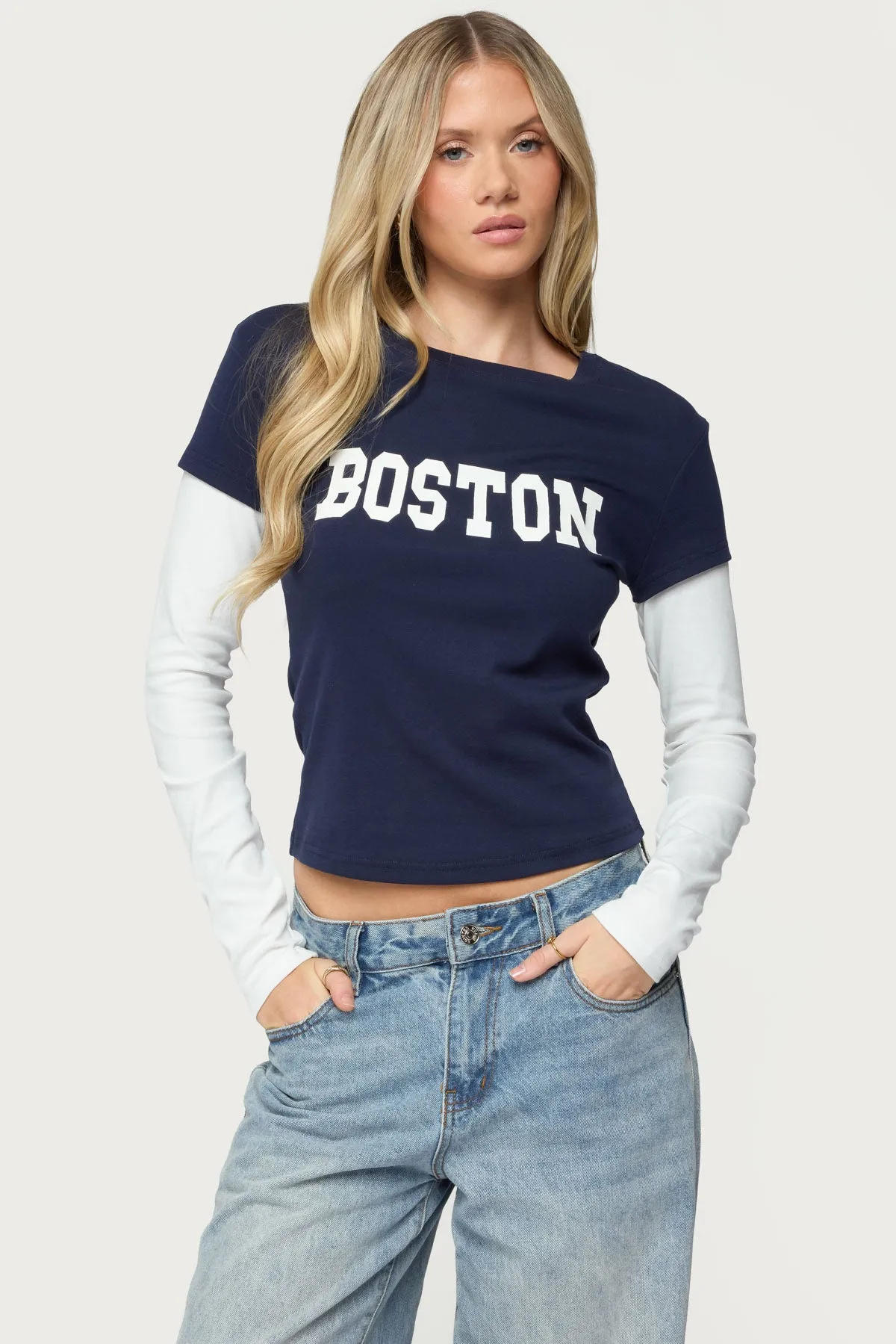 Boston Layered Long Sleeve T Shirt sold by Edikted