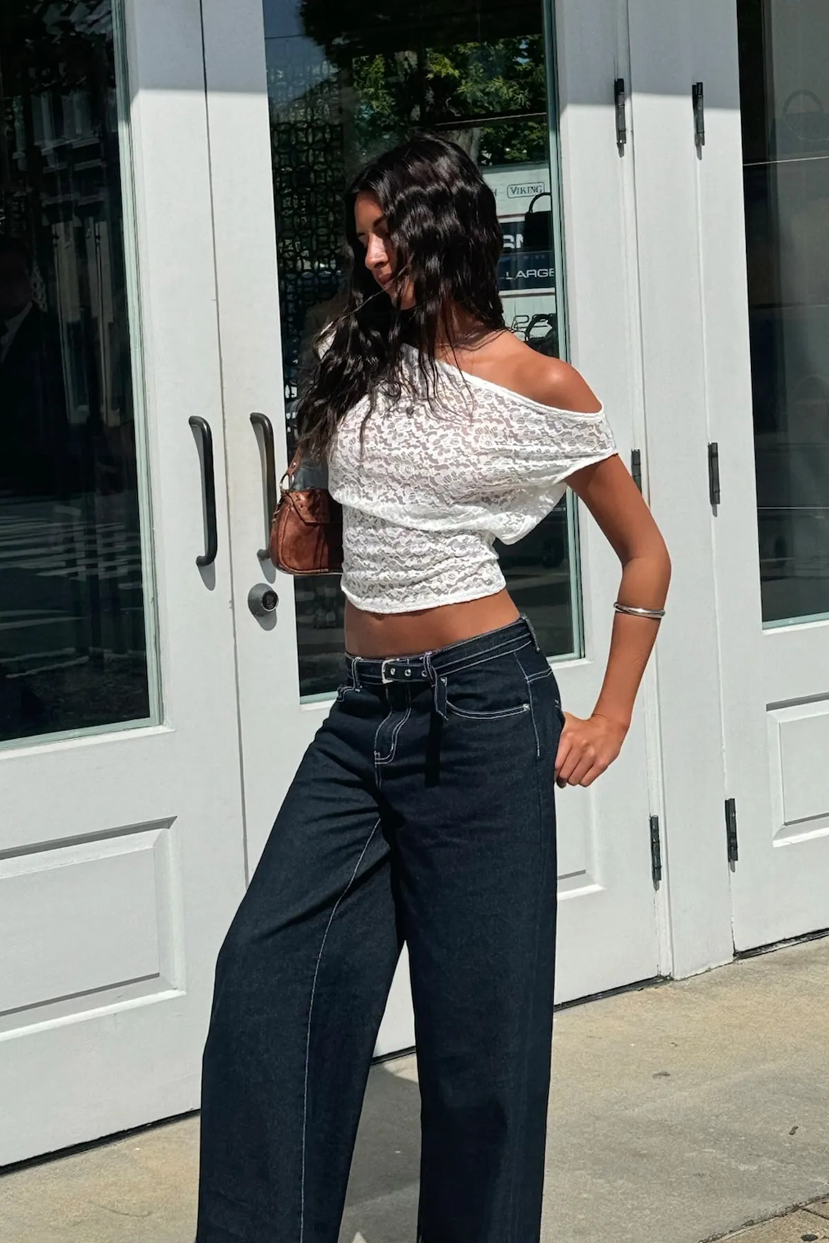 Kessa Sheer Lace Off Shoulder Top sold by Edikted