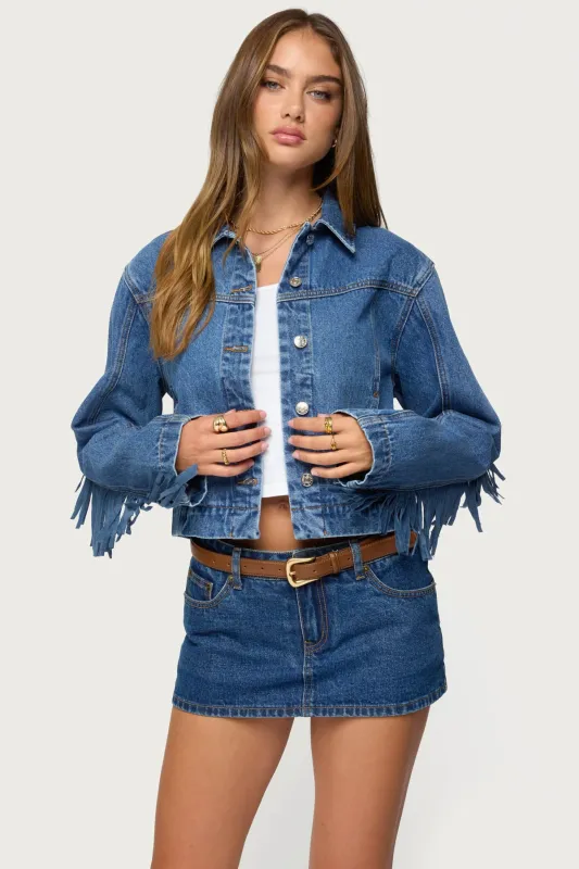 Maurice Fringed Denim Jacket sold by Edikted