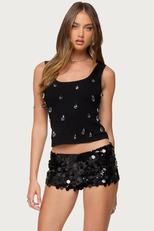 Zelena Faux Crystal Ribbed Tank Top sold by Edikted