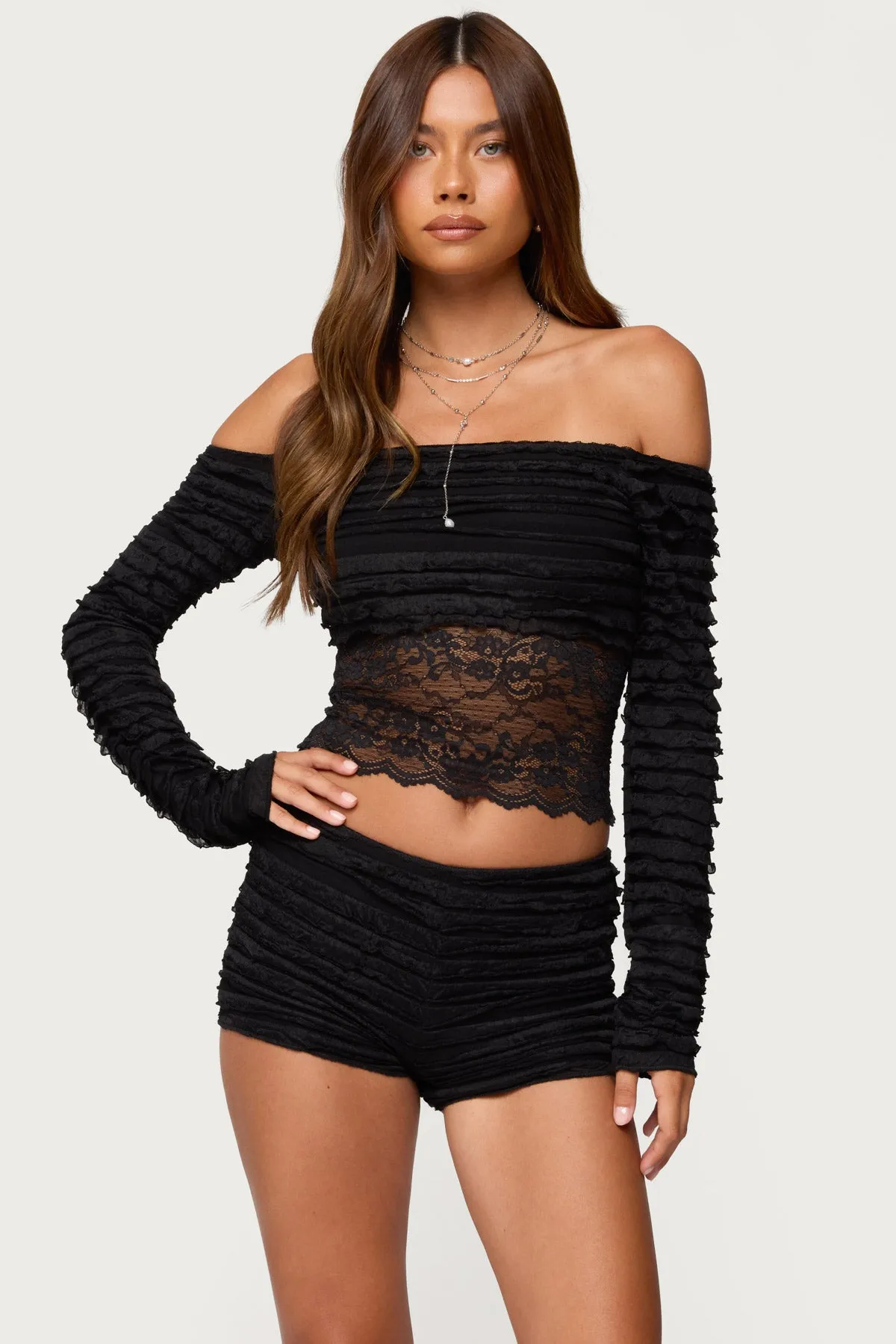 Tauri Lacey Ruffled Off Shoulder Top sold by Edikted