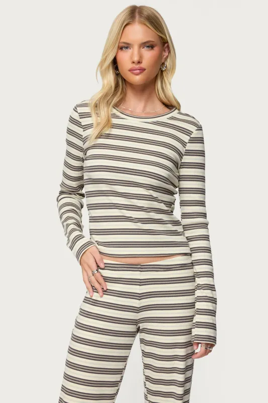 Avalie Striped Ribbed Long Sleeve T Shirt sold by Edikted