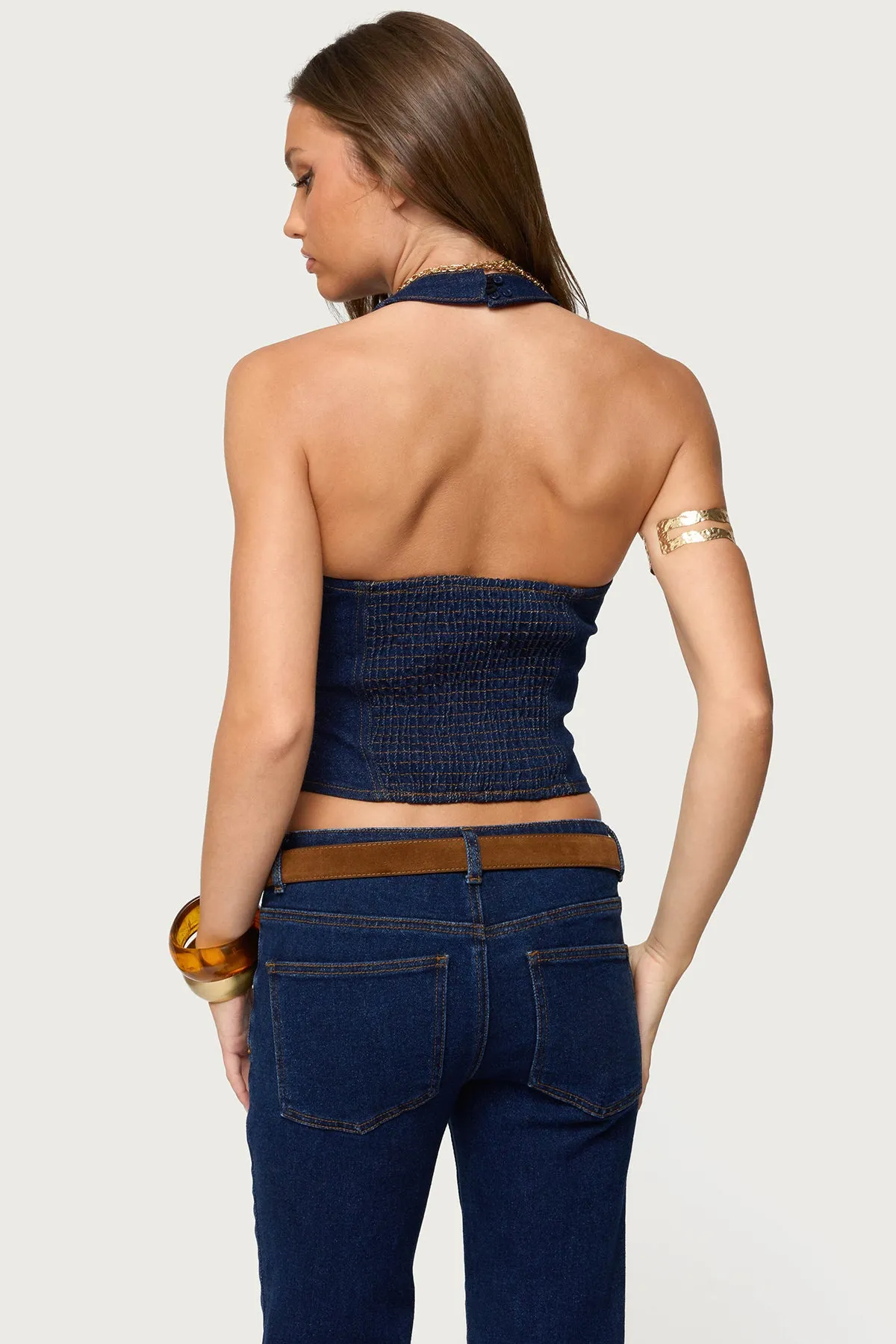 Jemima Contrast Stitch Denim Halter Top sold by Edikted product image thumbnail 5