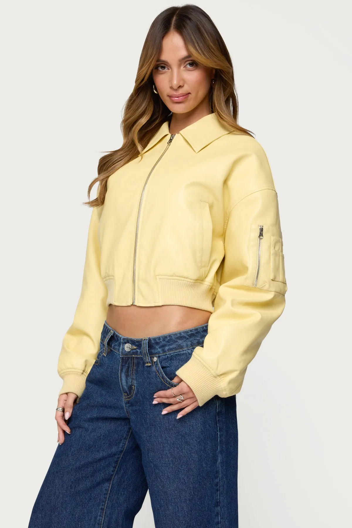 Zayna Cropped Faux Leather Bomber Jacket sold by Edikted product image thumbnail 3