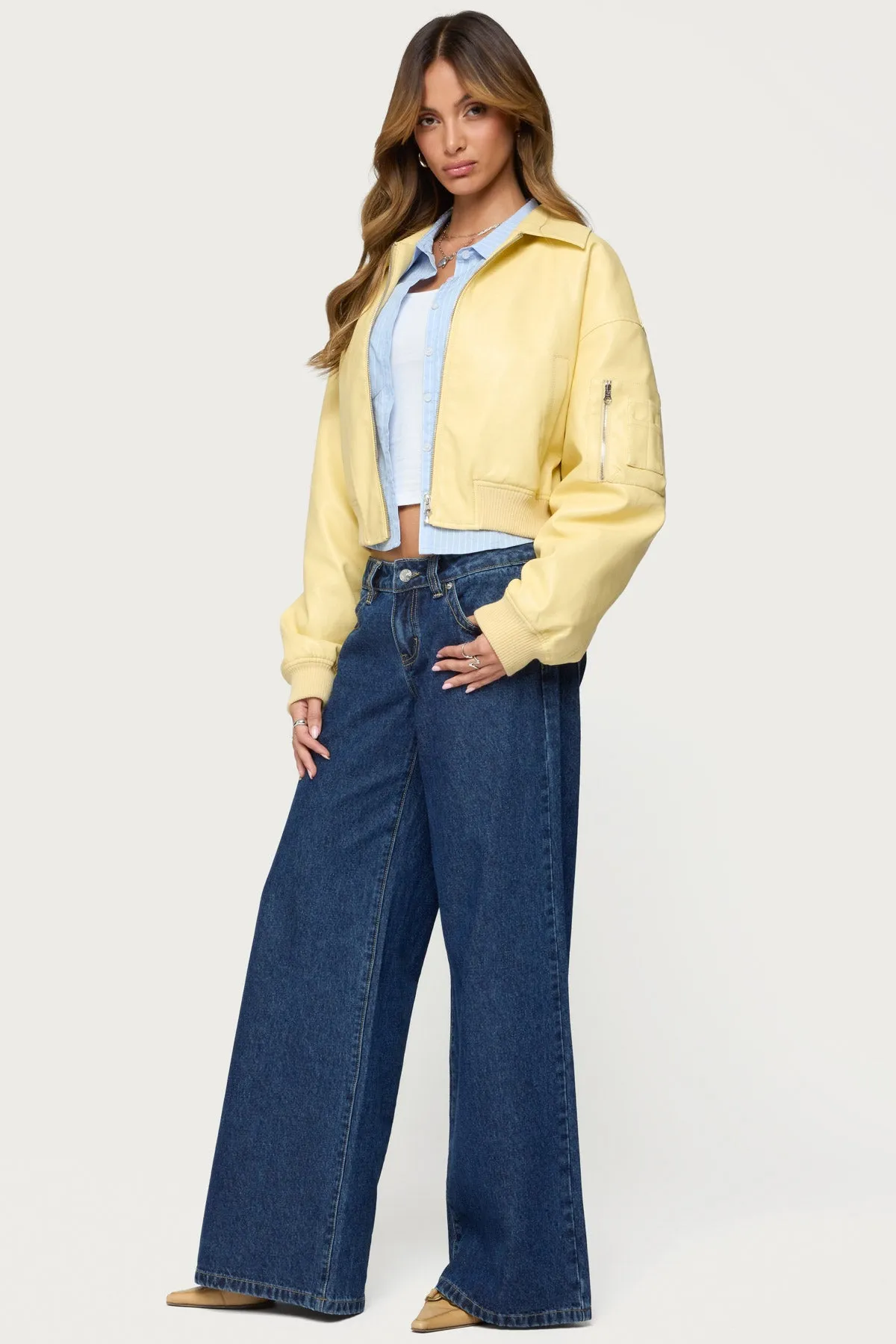 Zayna Cropped Faux Leather Bomber Jacket sold by Edikted product image thumbnail 4