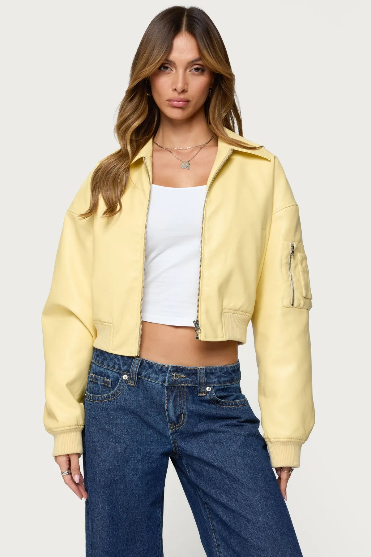 Zayna Cropped Faux Leather Bomber Jacket sold by Edikted