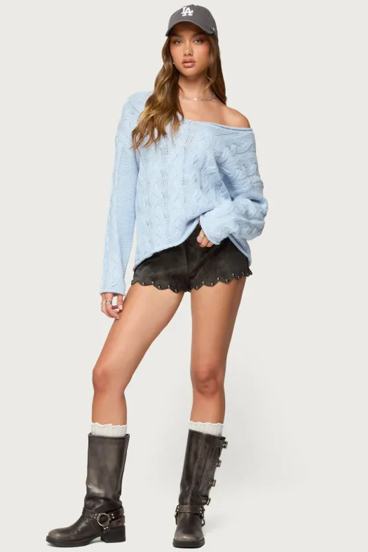 Zarina Studded Faux Suede Shorts sold by Edikted