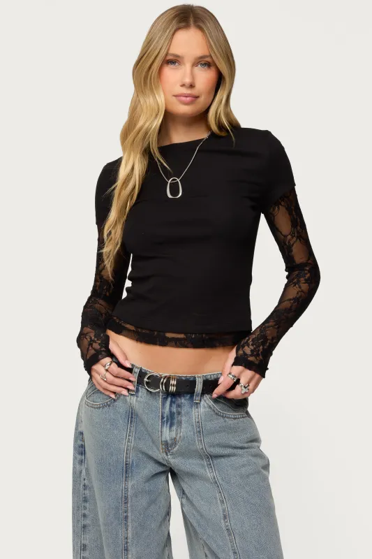 Layered Lace Sleeve T Shirt sold by Edikted