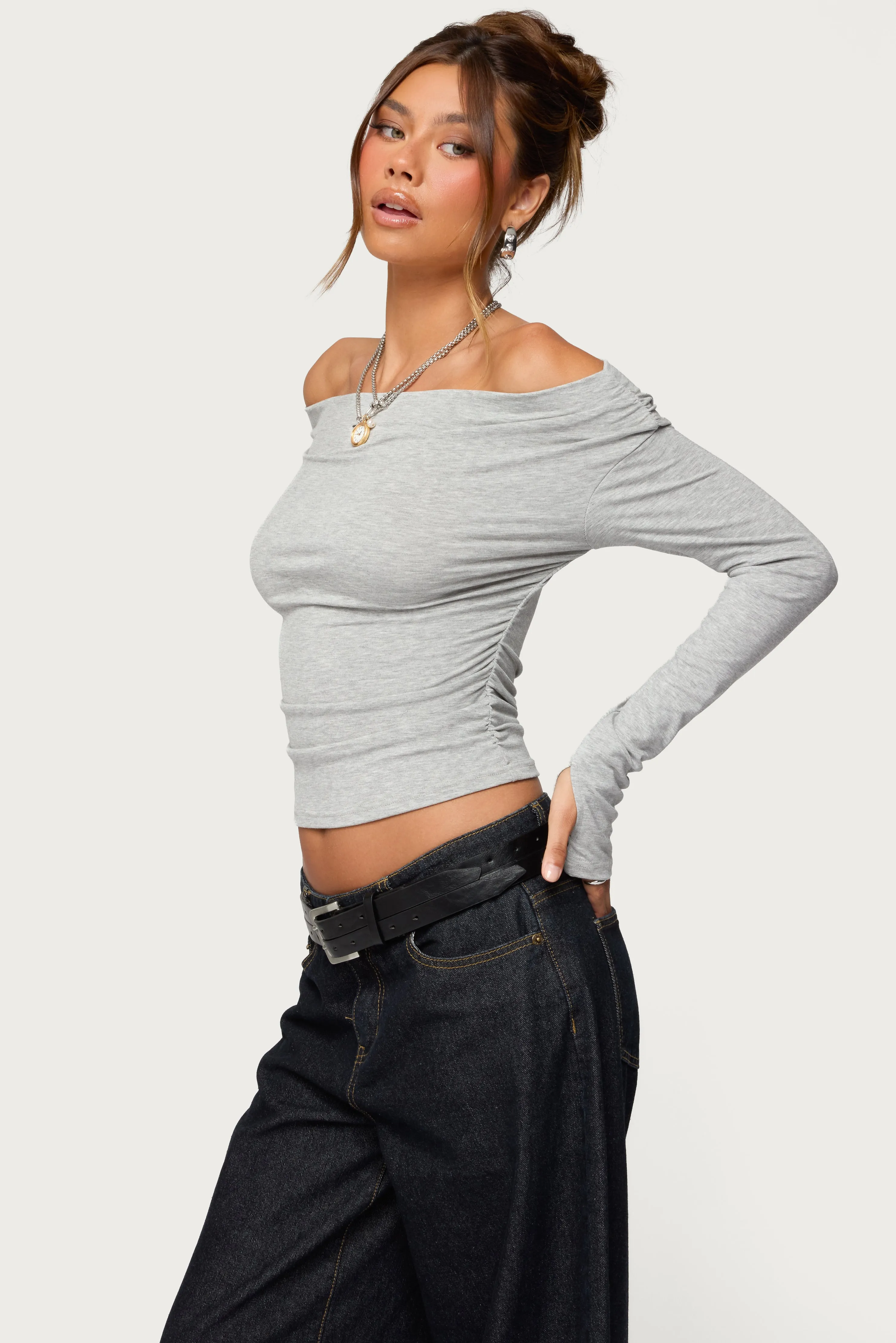 Milane Ruched Off Shoulder Ribbed Top sold by Edikted product image thumbnail 3