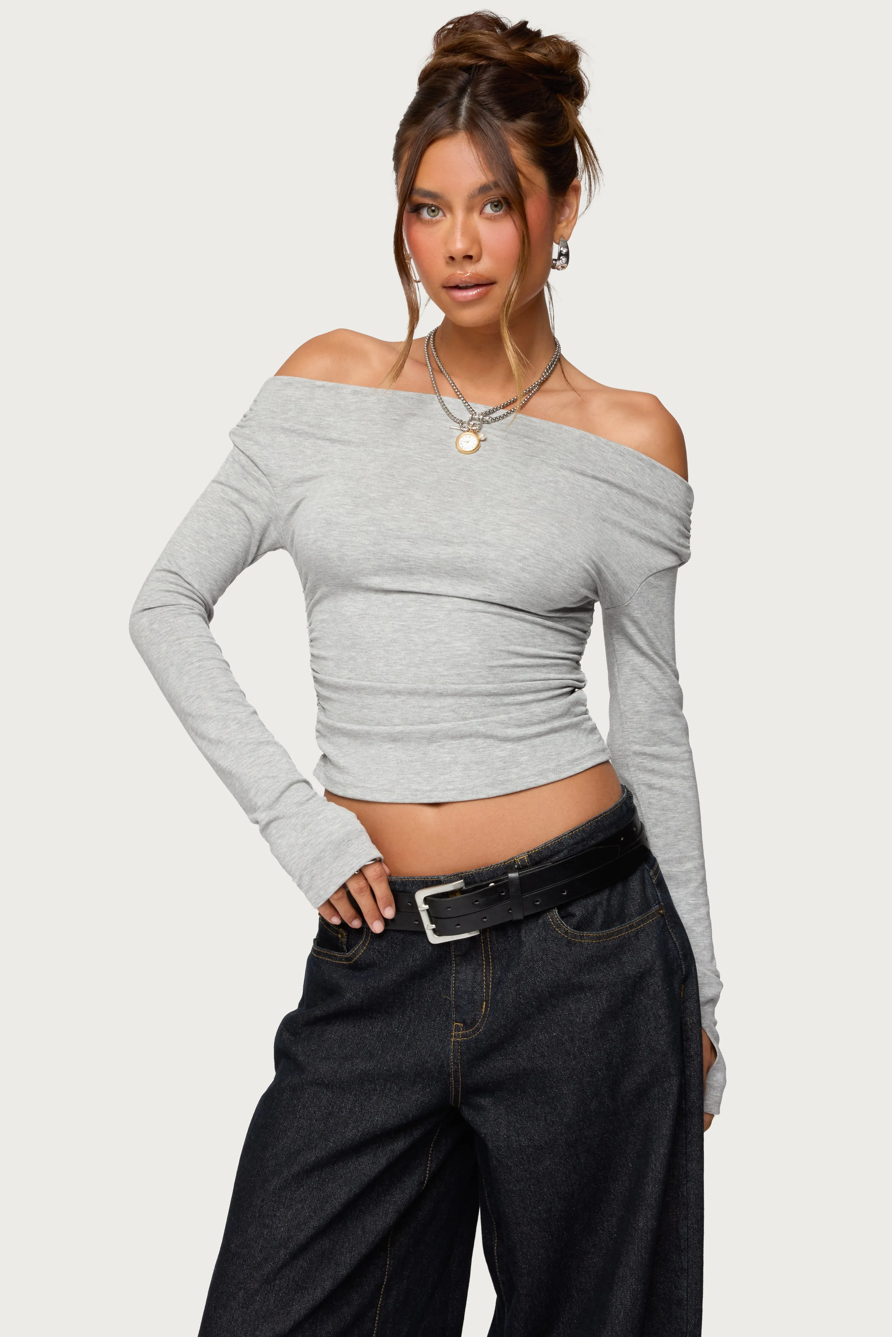 Milane Ruched Off Shoulder Ribbed Top sold by Edikted