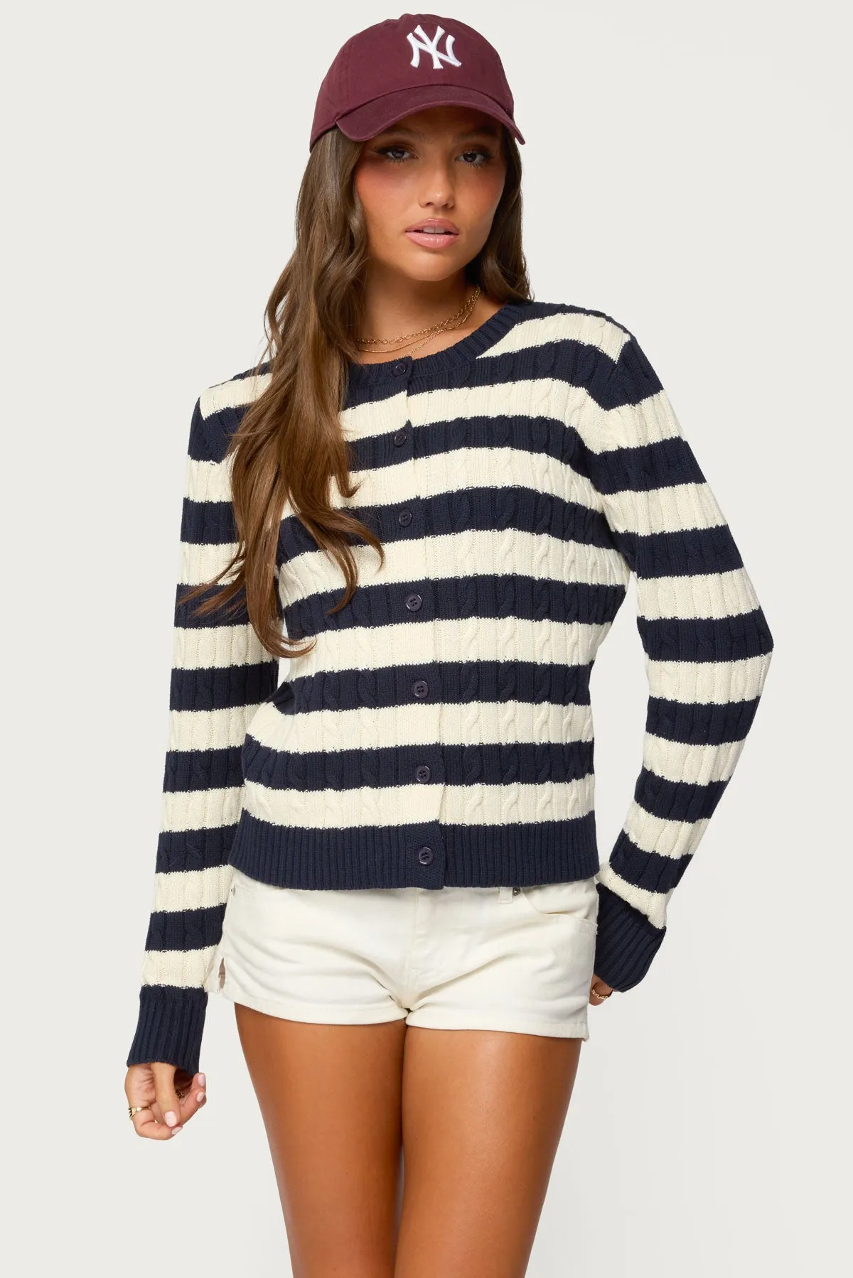 Mildred Striped Cable Knit Cardigan sold by Edikted