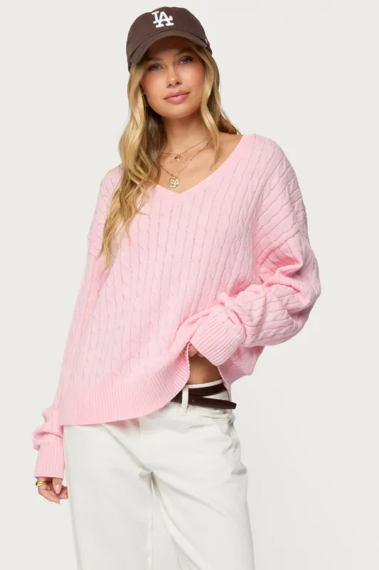 Polly V Neck Cable Knit Sweater sold by Edikted