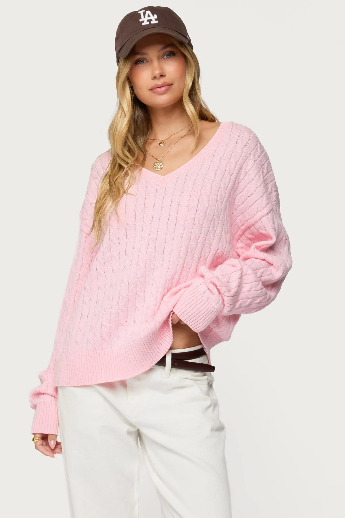 Polly V Neck Cable Knit Sweater sold by Edikted