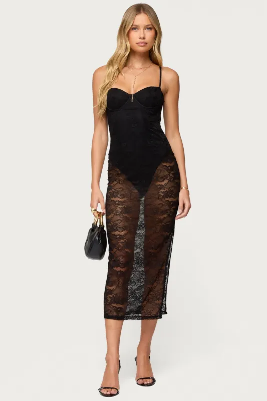 Sheer Lace Built In Bodysuit Midi Dress sold by Edikted