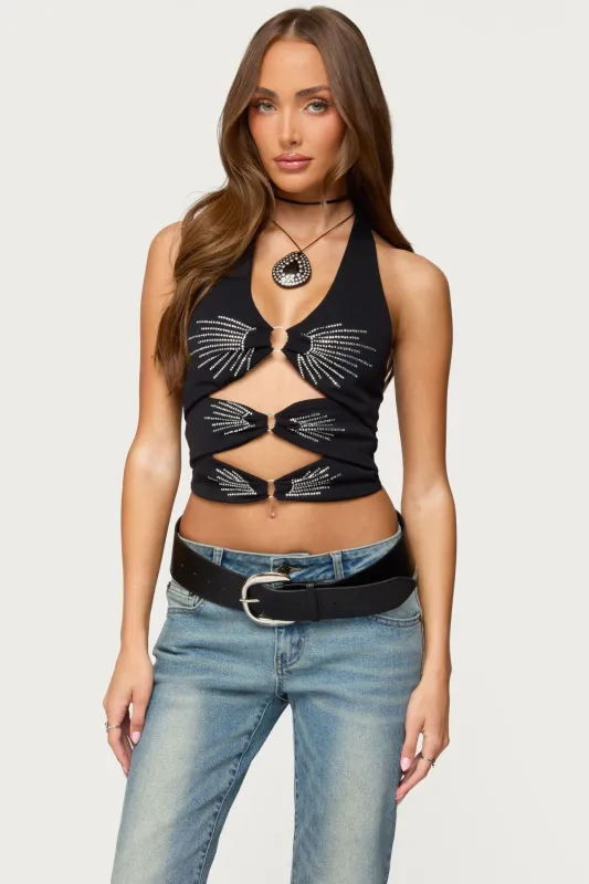 Lettie Rhinestone Cut Out Halter Top sold by Edikted
