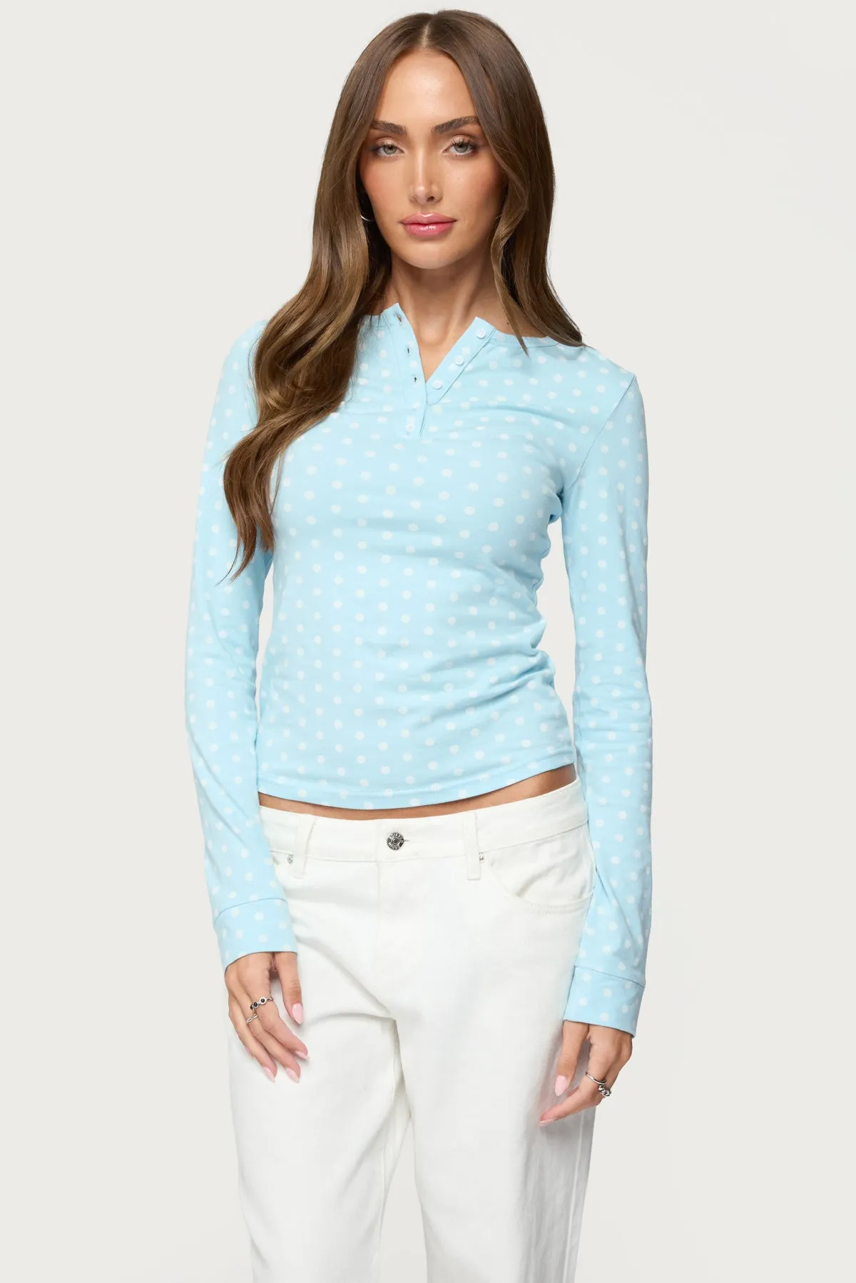 Keana Polka Dot Henley Top sold by Edikted