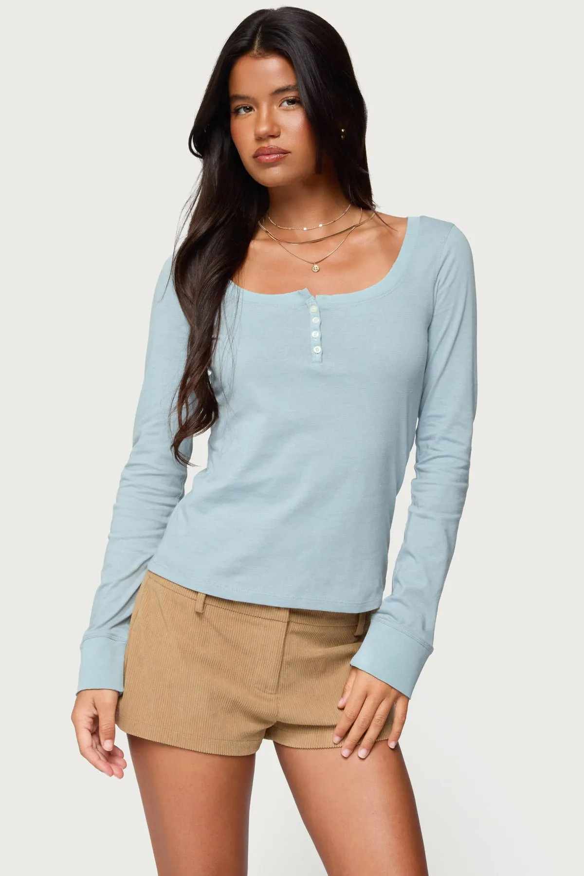 Steffey Scoop Neck Henley Top sold by Edikted