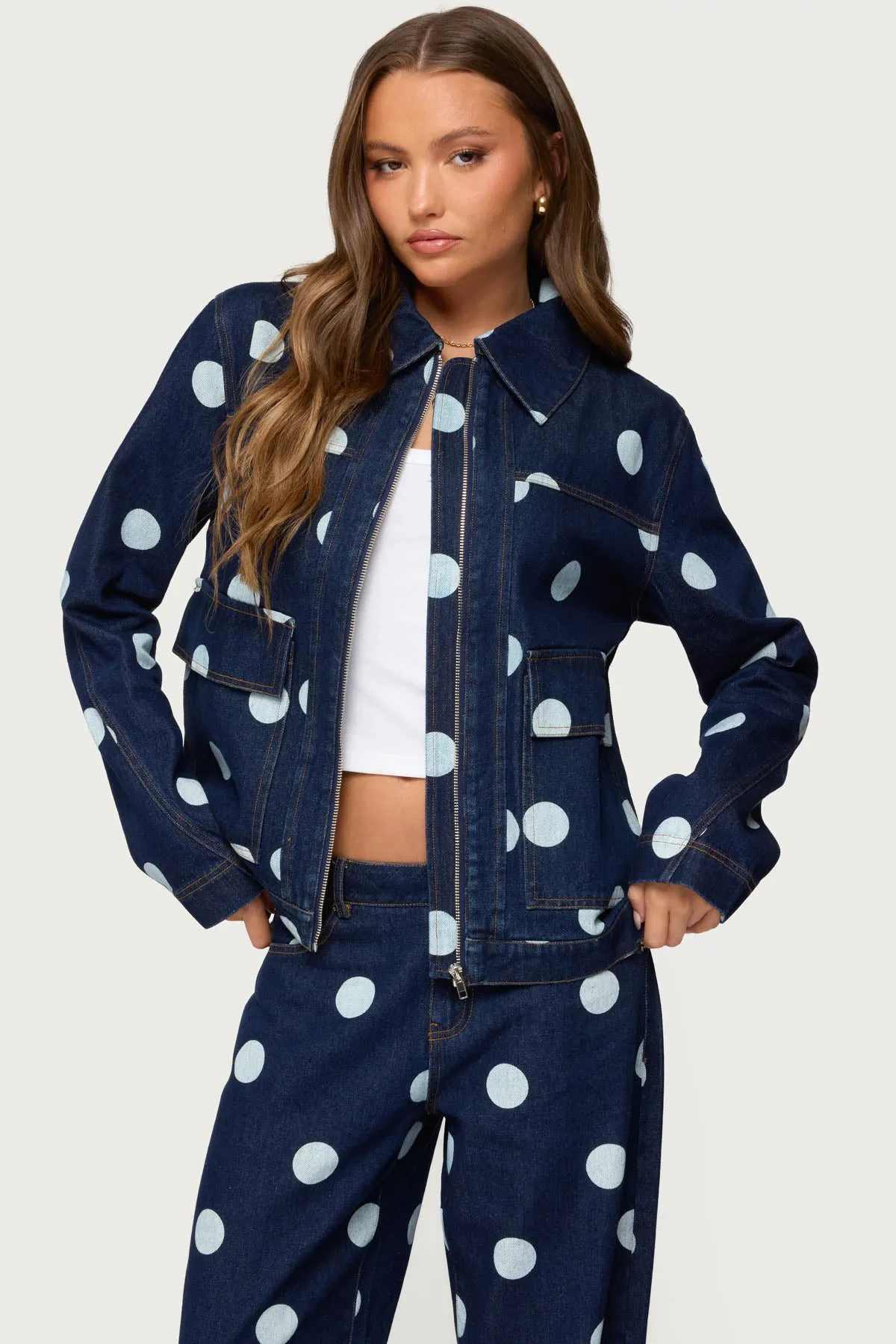 Leyah Polka Dot Oversized Denim Jacket sold by Edikted