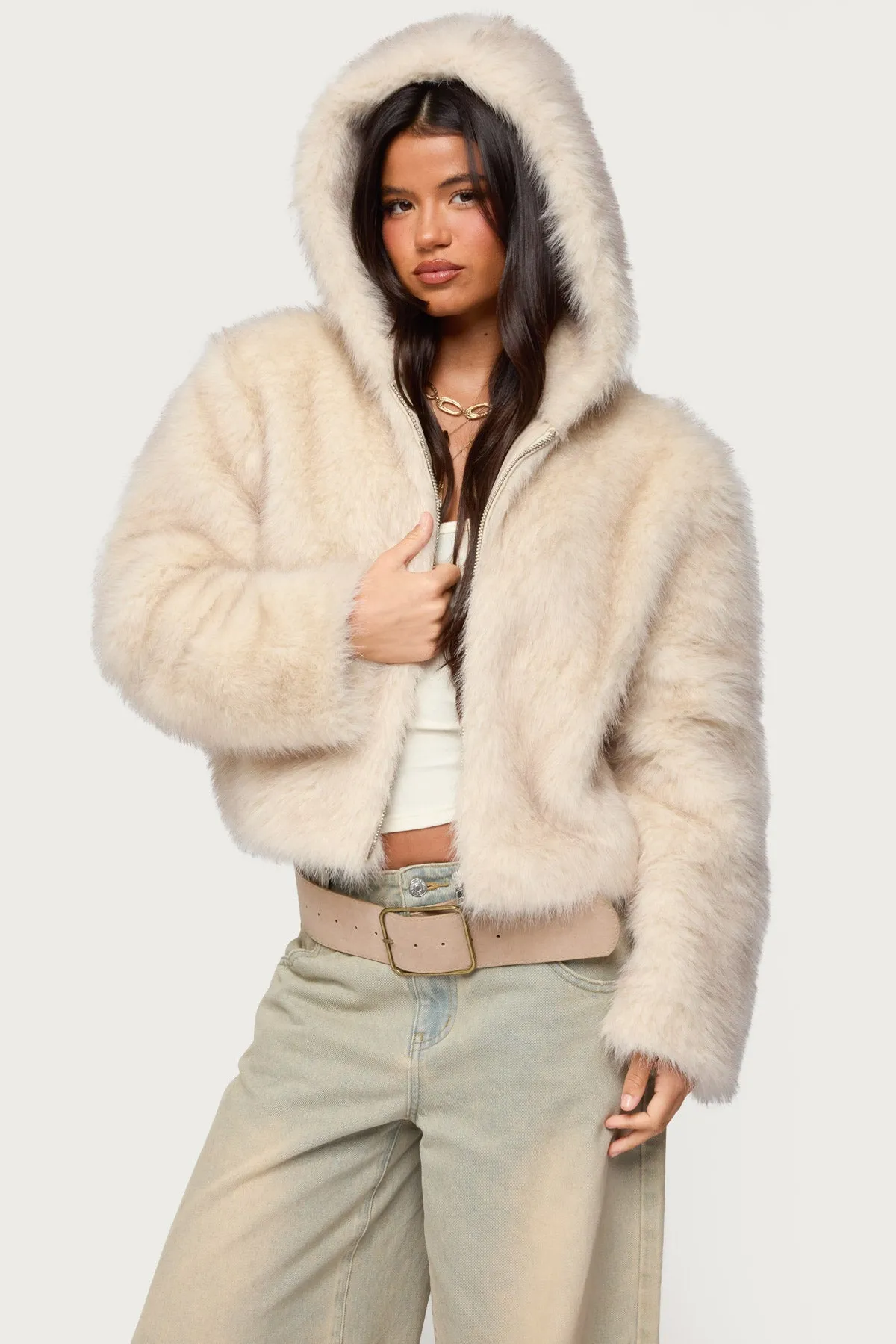 Beyonca Hooded Faux Fur Jacket sold by Edikted