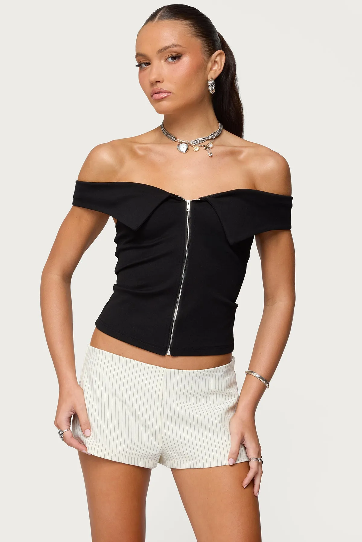 Collared Off Shoulder Zip Up Top sold by Edikted