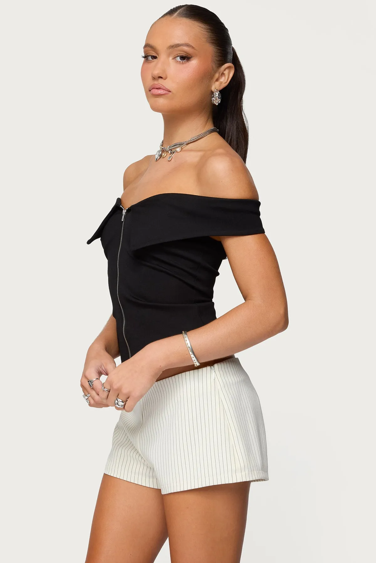 Collared Off Shoulder Zip Up Top sold by Edikted product image thumbnail 3