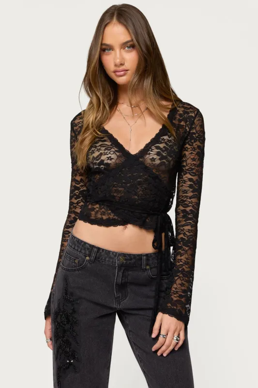 Medora Sheer Lace Wrap Top sold by Edikted