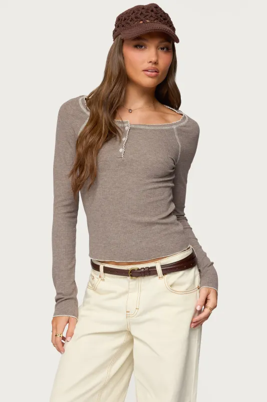 Ensley Contrast Stitch Henley Top sold by Edikted
