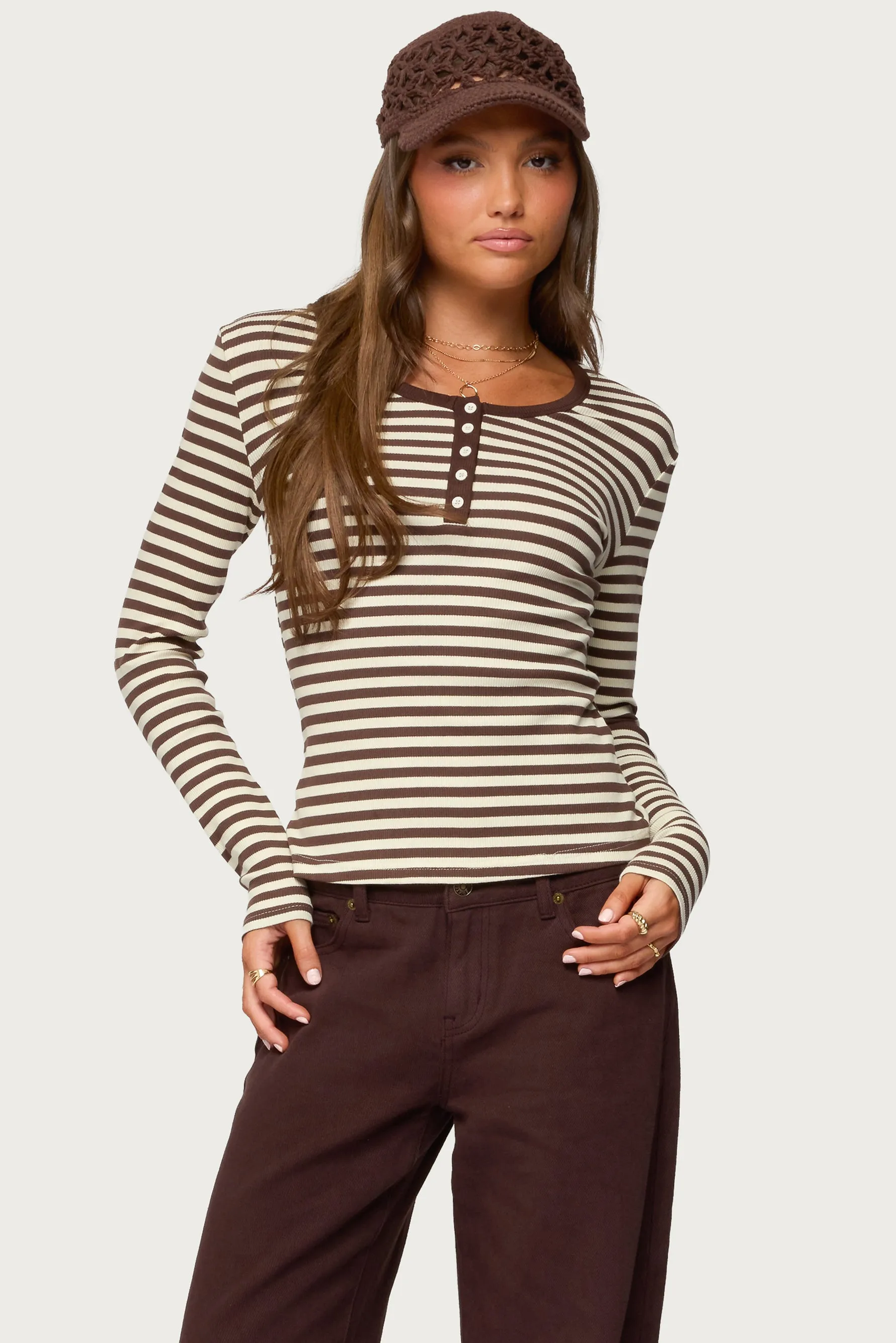 Roma Striped Henley Top sold by Edikted