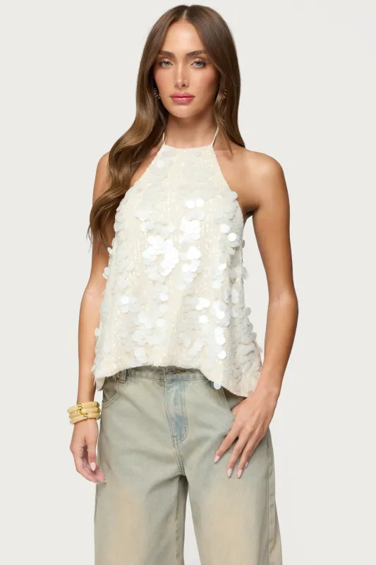 Ellorie Backless Sequin Halter Top sold by Edikted