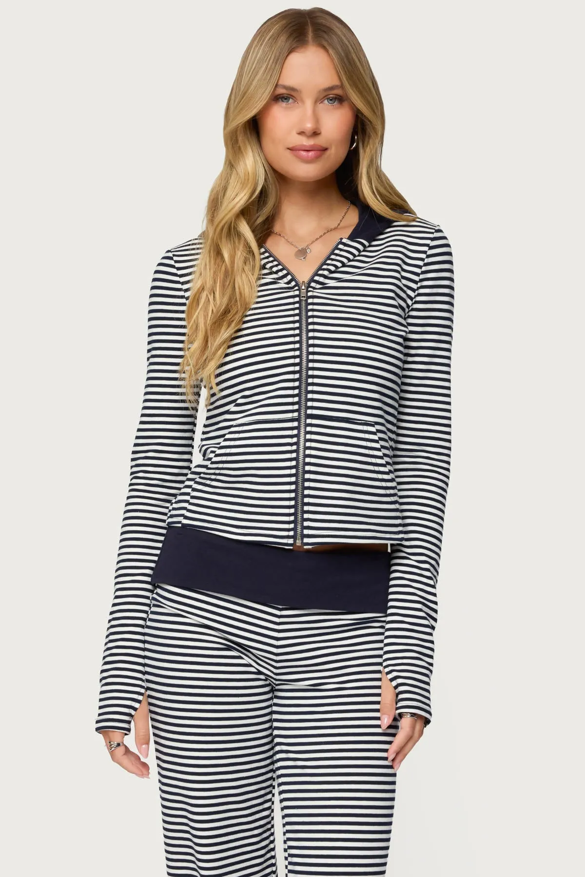Meggy Striped Zip Up Hoodie sold by Edikted