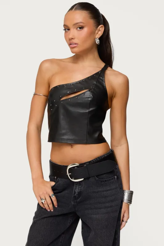 Asymmetric Cutout Faux Leather Top sold by Edikted