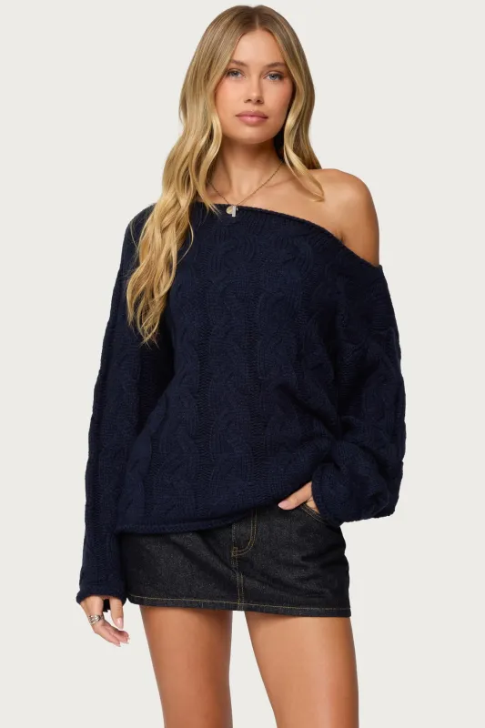 Nellie Off Shoulder Cable Knit Sweater sold by Edikted