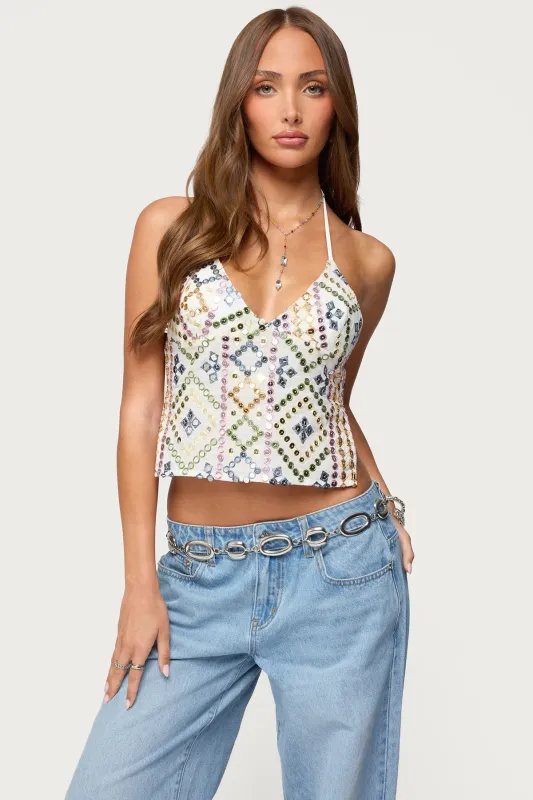 Embroidered Sequin Backless Top sold by Edikted