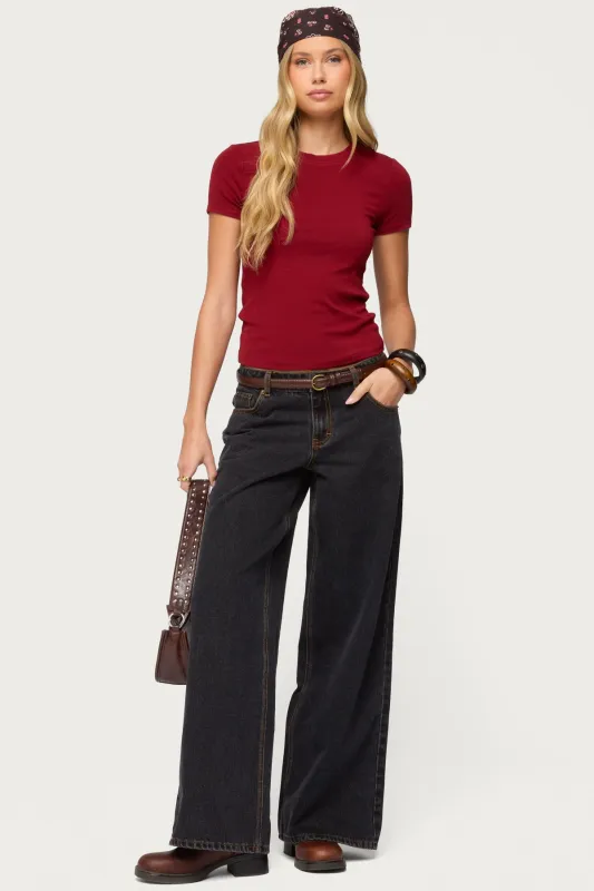 Contrast Stitch Low Rise Wide Leg Jeans sold by Edikted